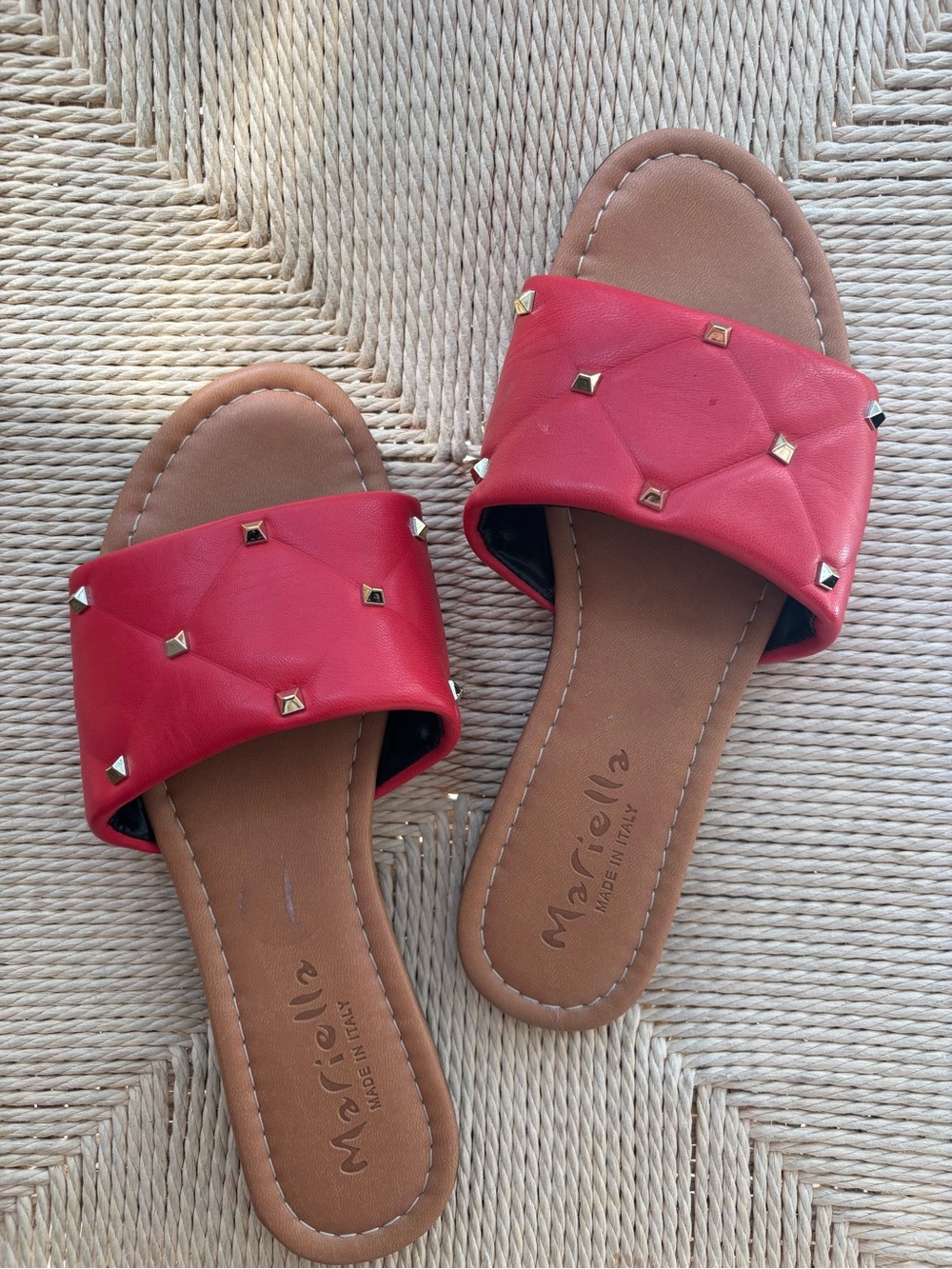 Ariella Quilted Red Slide Sandals with Gold Studs